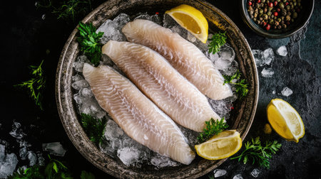 Ikan Patin (Silver Catfish) fillets on ice in a seafood market display, with fresh herbs, lemon wedges, and a dark textured background, top view.の素材