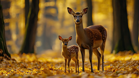 A mother red deer standing protectively next to her fawn in an autumn forest, surrounded by golden leaves.の素材