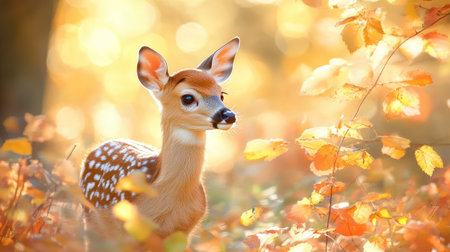 A close-up of a red deer fawn, surrounded by colorful autumn leaves and soft sunlight in a forest clearing.の素材