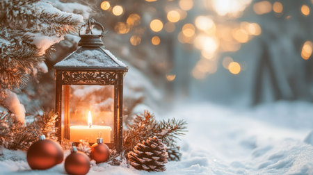A Christmas lantern with a burning candle sits on a snow-covered path, surrounded by pinecones and ornaments. Space for festive wishes is left above.の素材