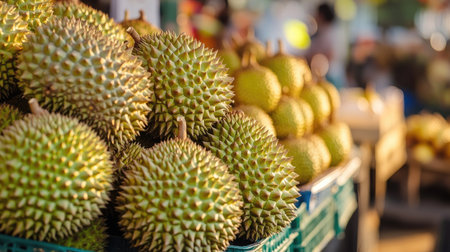 A pile of durians displayed in a market setting, their distinctive spiky shells creating a textured, exotic scene.の素材