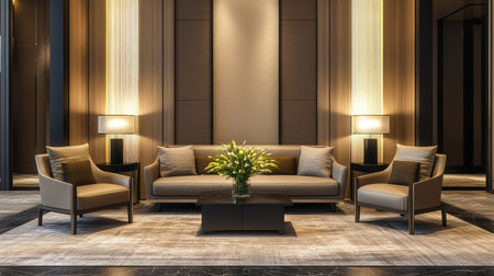 Hotel lobby interior with a stylish sofa and chair, empty yet inviting. Contemporary decor and soft lighting enhance the luxury feel of the space.の素材