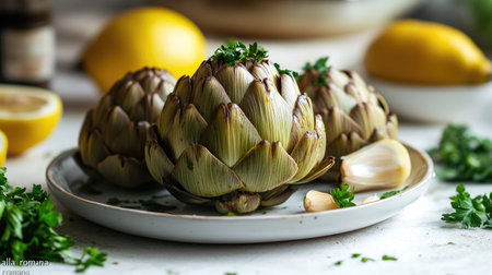 Italian artichokes "alla romana" cooked with garlic, olive oil, parsley, and lemon on a rustic white table. Authentic Roman dish with a flavorful twist of spicy sauce.の素材