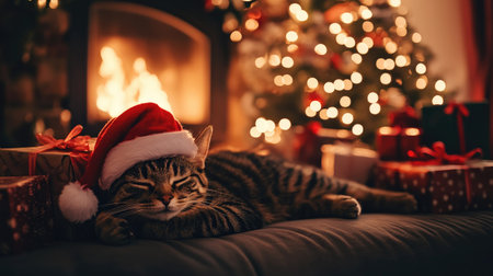 A cat wearing a Santa hat lounges near the fireplace, with the Christmas tree lights glowing in the background. Gifts surround the cozy festive scene.の素材