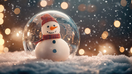 A snowman stands in a glass globe, surrounded by a swirling snowstorm. The background glows with soft, warm bokeh lights, enhancing the festive atmosphere.の素材