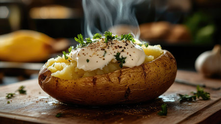 A steaming baked potato on a cutting board, butter seeping into the crispy skin, sour cream swirled on top, with herbs and spices for a flavorful side dishの素材