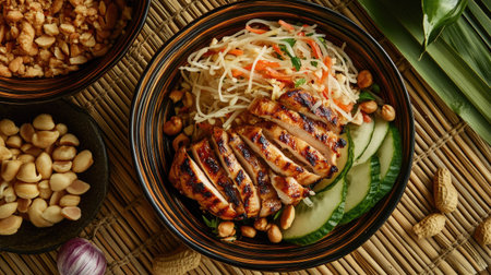 A vibrant plate of Thai papaya salad (Som Tum) with grilled chicken, displayed on a woven bamboo mat with traditional Thai ingredients like garlic and peanuts.の素材