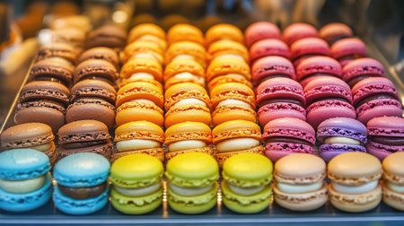 A variety of colorful French macarons arranged in a Paris bakery window, tempting passersby with their delicate flavors and artistic presentation.の素材