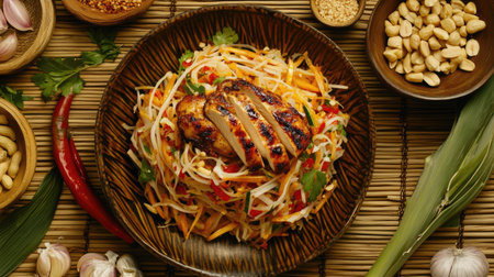 A vibrant plate of Thai papaya salad (Som Tum) with grilled chicken, displayed on a woven bamboo mat with traditional Thai ingredients like garlic and peanuts.の素材