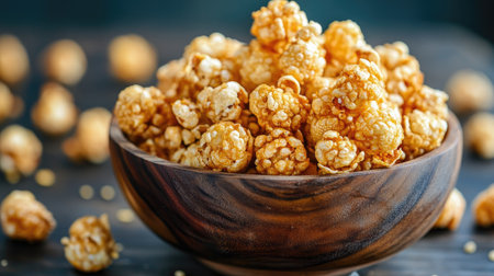 A wooden bowl filled with crispy phool makhana, capturing the golden crunch of these healthy lotus pops. A great snack for all ages.の素材
