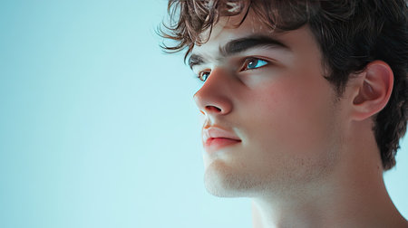 A young man in casual attire looks sideways with a pensive expression, framed by a soft light blue background, evoking themes of reflection and personal growth.の素材