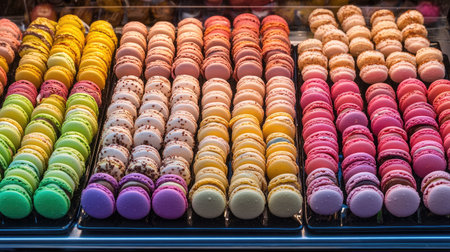 A variety of colorful French macarons arranged in a Paris bakery window, tempting passersby with their delicate flavors and artistic presentation.の素材