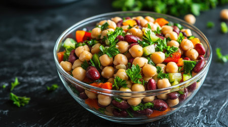 A vibrant legume salad of soaked chickpeas and kidney beans, mixed with raw vegetables, parsley, and a dash of mild spices, served in a glass bowl.の素材