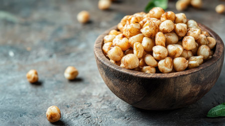 A rustic wooden bowl of lightly roasted lotus seeds (phool makhana), perfectly crispy and ready to enjoy as a healthy snack option.の素材
