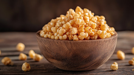 A rustic wooden bowl overflowing with crispy phool makhana, showcasing their light and crunchy texture. A perfect snack for any occasion.の素材