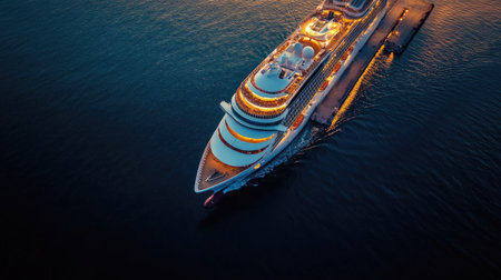 Aerial view of a luxury cruise ship departing from the port at dawn, with the soft glow of sunrise illuminating the sceneの素材