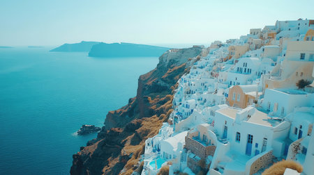 Aerial shot of the white and blue architecture of Santoriniaes Oia village, perched above the Aegean Sea, with dramatic cliffs and open skiesの素材