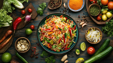 A vibrant Thai papaya salad (Som Tam), displayed on a wooden table, with fresh vegetables and traditional Thai spices spread around in a colorful arrangement.の素材