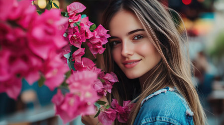 Artistic shot of a young hipster woman in casual streetwear holding pink bougainvillea flowers, selective focus with blurry outdoor cafe in the backgroundの素材