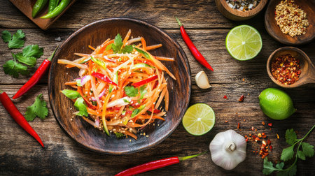 A vibrant plate of Som Tam Thai papaya salad, surrounded by traditional Thai ingredients like lime, garlic, and chilies, set on a wooden background.の素材