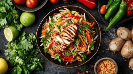 An artistic top-view composition of Thai papaya salad (Som Tum) with grilled chicken, featuring a variety of fresh vegetables and Thai herbs in the background.の素材