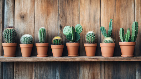 A variety of small cactus pots displayed on a wooden shelf, perfect for minimalistic home decor, adding a touch of greenery to any space.の素材