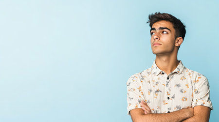 A young man looks to the side with a contemplative expression, wearing a casual shirt, standing against a light blue background, evoking themes of thinking and decision-making.の素材