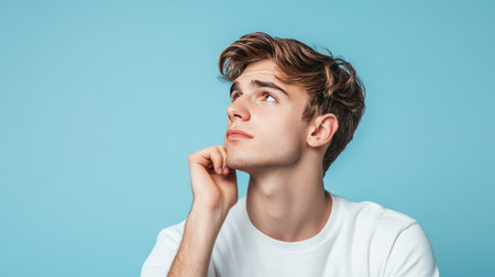 A young man with a thoughtful sideways glance, set against a simple light blue backdrop, capturing the mood of reflection, ideal for lifestyle or motivational themes.の素材