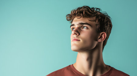 A young man with a thoughtful sideways glance, set against a simple light blue backdrop, capturing the mood of reflection, ideal for lifestyle or motivational themes.の素材