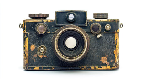 Antique film camera, front-facing, captured in full detail, isolated on a white background, with visible wear and tear from years of useの素材