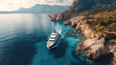 Aerial shot of a luxury yacht cruising off Sardiniaaes rugged coast, surrounded by breathtaking Mediterranean waters and coastal cliffsの素材