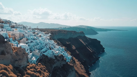 Aerial shot of the white and blue architecture of Santoriniaes Oia village, perched above the Aegean Sea, with dramatic cliffs and open skiesの素材