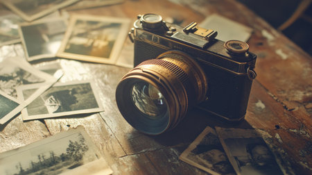 Antique camera with a brass lens, placed on an old wooden table with faded photographs scattered around, nostalgic and vintage aestheticの素材