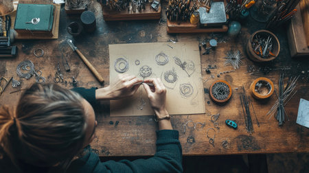 Artisan measuring silver wire before shaping it into intricate jewelry pieces, with tools and sketches spread across the tableの素材