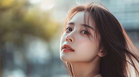 Beautiful Asian woman with a radiant complexion and minimal makeup, looking gracefully into the distance, perfect for promoting natural beauty products.の素材