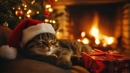 Cat in a Santa hat lounging by the fireplace, with twinkling Christmas tree lights and gifts creating a warm and festive atmosphere for the holiday season.の素材
