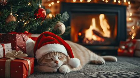 Cat in a Santa hat resting by the fireplace, with a Christmas tree and gifts surrounding the cozy holiday interior. The festive atmosphere fills the room.の素材