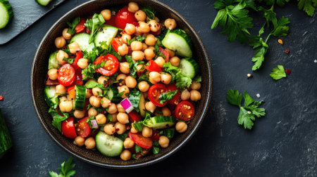 Chickpea and kidney bean salad with fresh herbs, tomatoes, cucumbers, and a dash of mild spices, served as a light and refreshing plant-based meal option.の素材