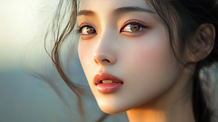 Beautiful Asian woman with a radiant complexion and minimal makeup, looking gracefully into the distance, perfect for promoting natural beauty products.の素材