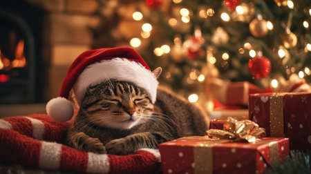 Cat in a Santa hat lounging by the fire, with a Christmas tree sparkling in the background. The room is filled with holiday gifts and festive decorations.の素材
