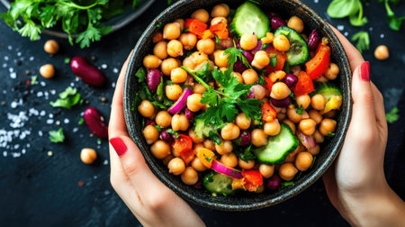 Bowl of chickpea and kidney bean salad with diced raw veggies and a sprinkle of fresh herbs, offering a nutritious and flavorful plant-based meal.の素材
