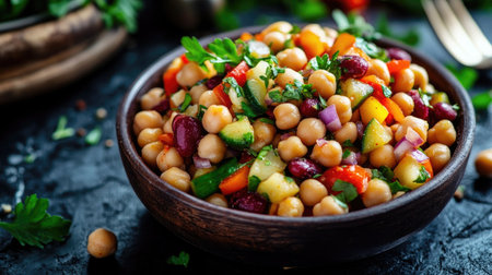 Bowl of chickpea and kidney bean salad with fresh veggies, a sprinkle of herbs, and a dash of mild spices, perfect for a light and nutritious meal.の素材