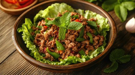 Bowl of minced duck with a spicy kick, served with raw vegetables like lettuce and mint leaves on a wooden table. The fresh and vibrant ingredients create a colorful contrast.の素材