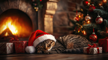 Cat in a Santa hat curled up near the fireplace, with a Christmas tree and gifts creating a cozy festive backdrop. The warm holiday interior is perfect for the season.の素材