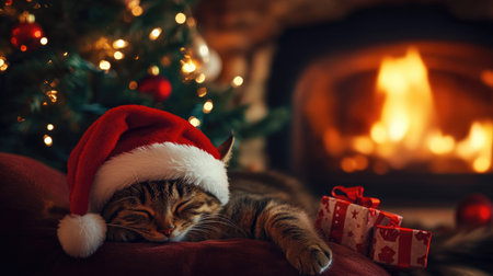 Cat wearing a Santa hat, curled up near a warm fireplace. The Christmas tree sparkles with lights, and gifts are placed around, creating a cute and cozy holiday vibe.の素材