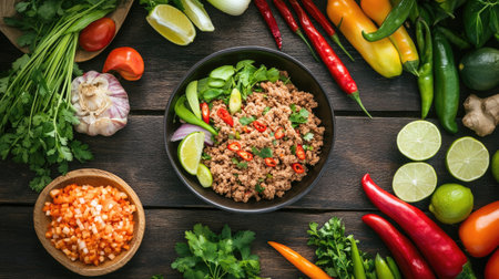 Bowl of spicy duck mince with vibrant chilies, lime, and fresh vegetables, arranged on a wooden table for a traditional Thai food experience.の素材