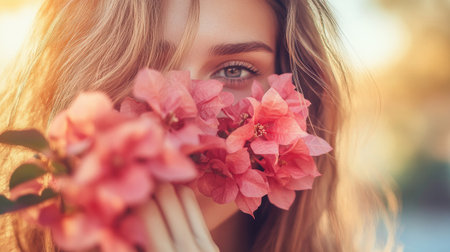 Casual hipster woman holding pink bougainvillea flowers close to her face, selective focus on flowers, with a dreamy, blurred vintage background outdoorsの素材