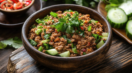 Bowl of spicy minced duck served with raw vegetables like lettuce, cucumber, and cilantro, all displayed on a rustic wooden surface. Perfect for Thai food and street cuisine themes.の素材