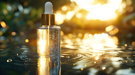 Bottle of hyaluronic acid skincare on water with sunlight reflections. Hydration theme with nature and purity. Close-up focus on water droplets.の素材