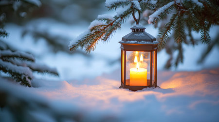 Christmas lantern with a glowing candle placed in a snowy field, framed by pine branches. The outdoor scene allows for plenty of text space.の素材